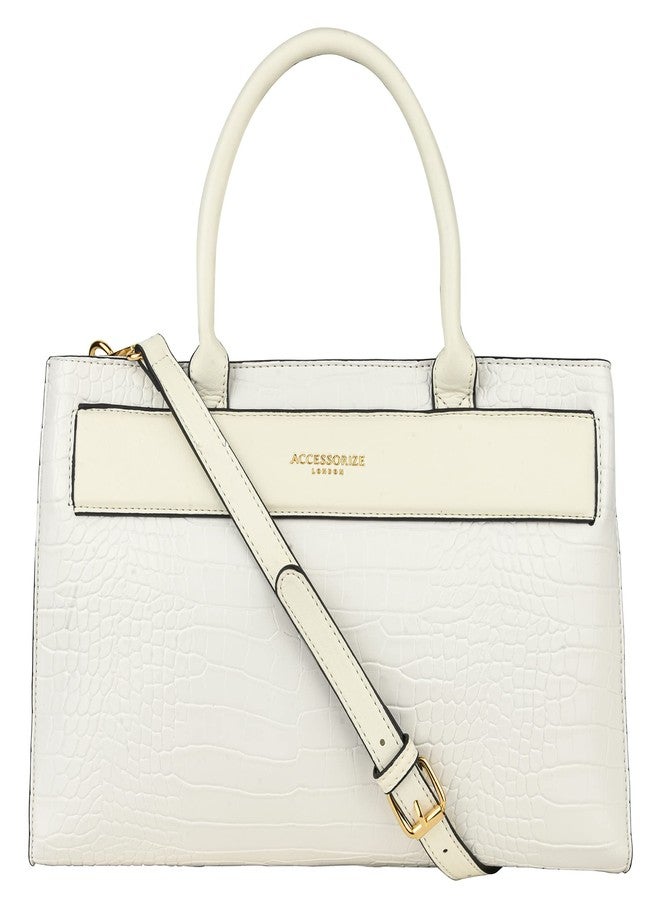 أكسيسورايز حقيبة يد نسائية من أكسسورايز لندن، مصنوعة من الجلد الصناعي بلون عاجي بنقشة جلد التمساح | حقيبة يد نسائية - Image 1